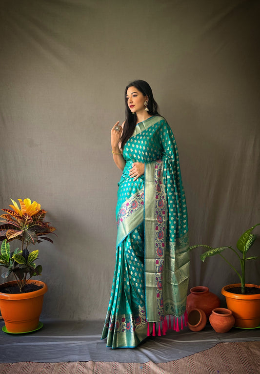 Sky Blue Banarasi Silk Sarees With Gold Zari Weaving