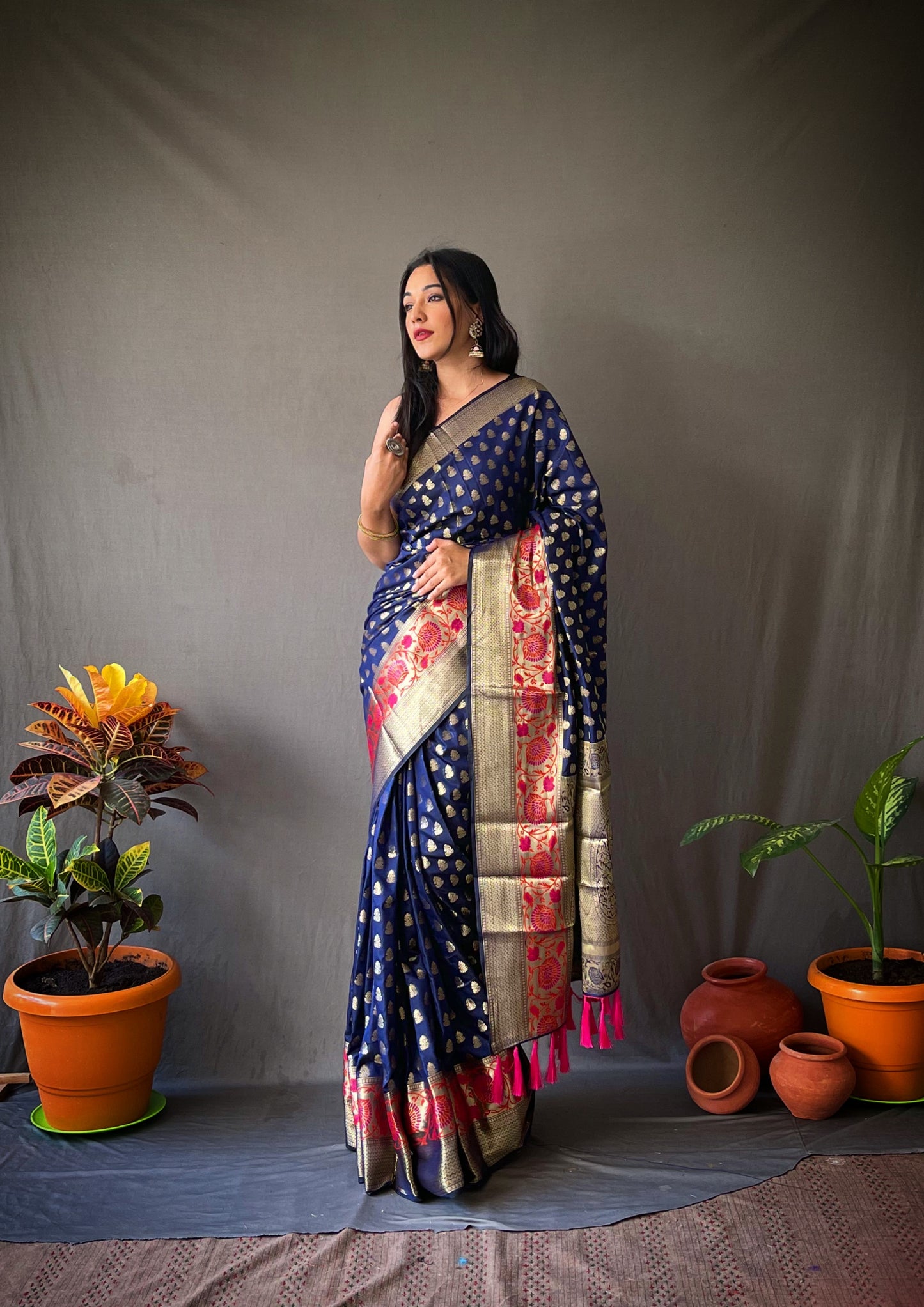 Blue Banarasi Silk Sarees With Gold Zari Weaving