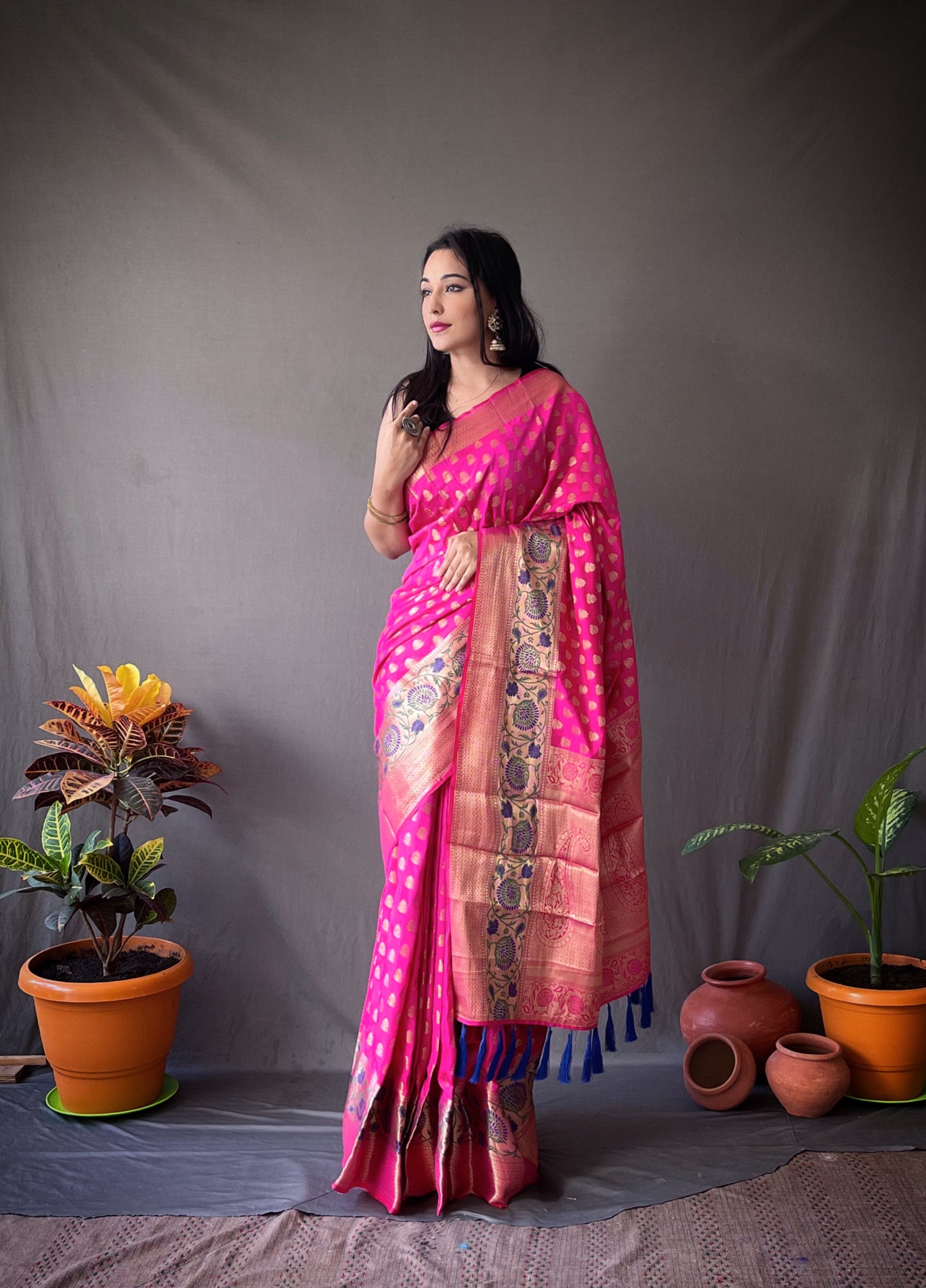 Pink Banarasi Silk Sarees With Gold Zari Weaving