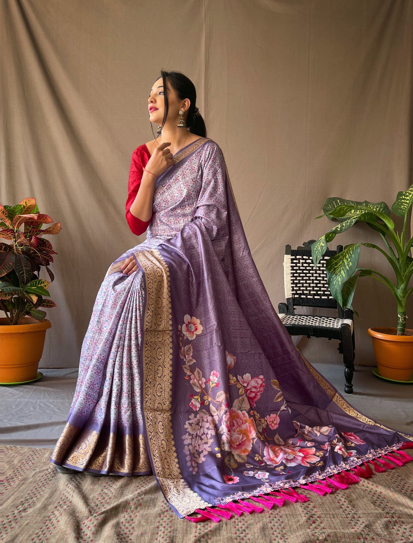 Purple Dola Silk Digital Printed Sarees