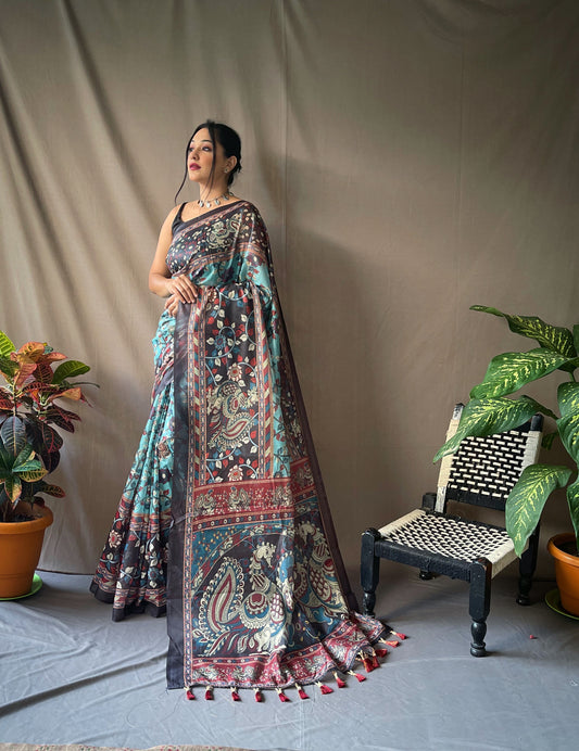 Blue Cotton Sarees With Kalamkari Digital Printed