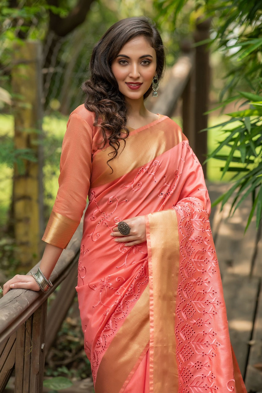 Pink Assam Silk Embroidered Saree