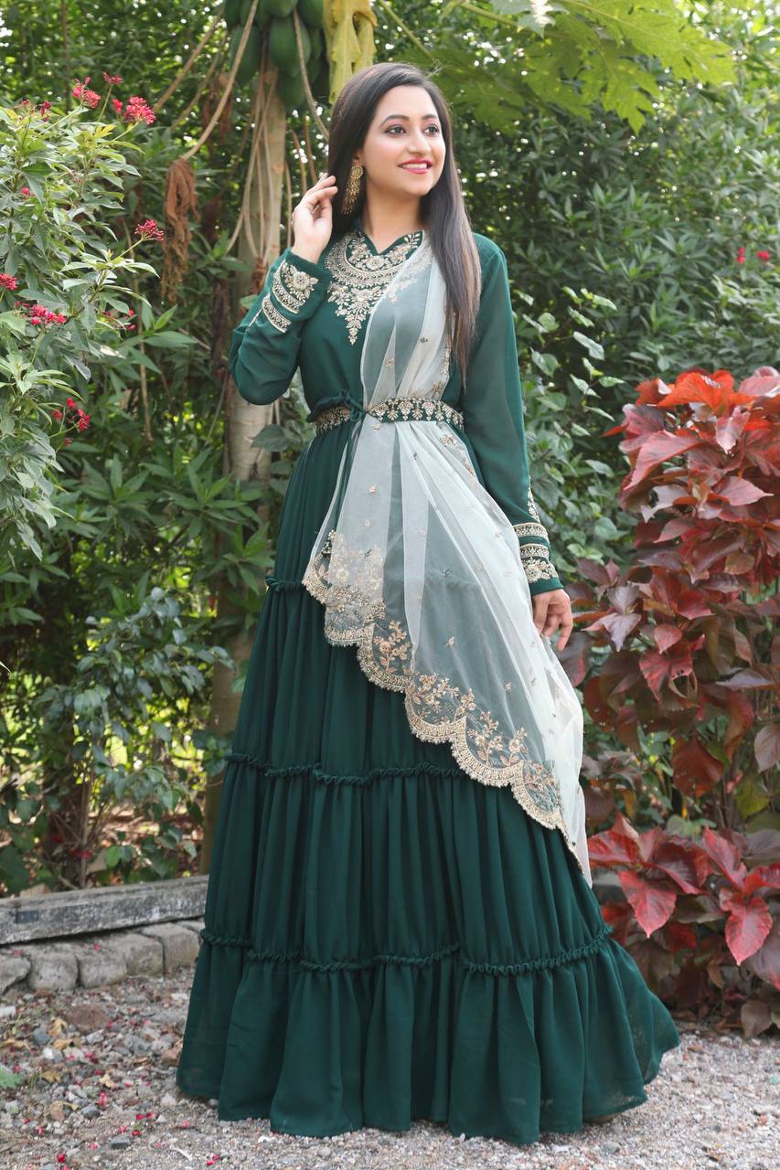 Green Nack Embroidered Anarkali Gown With Heavy Dupatta