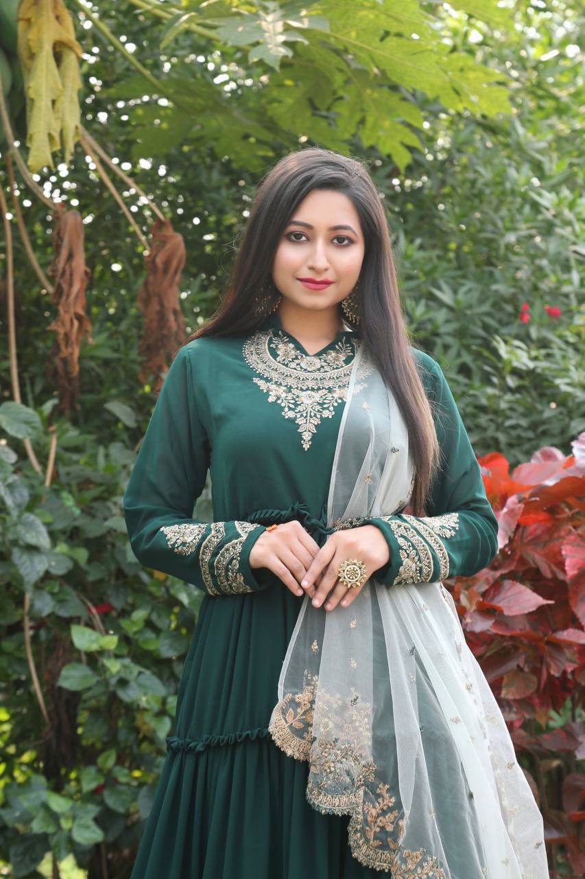 Shamita Shetty Engaging Dark Green Color Art Silk Fabric Gown With Dupatta