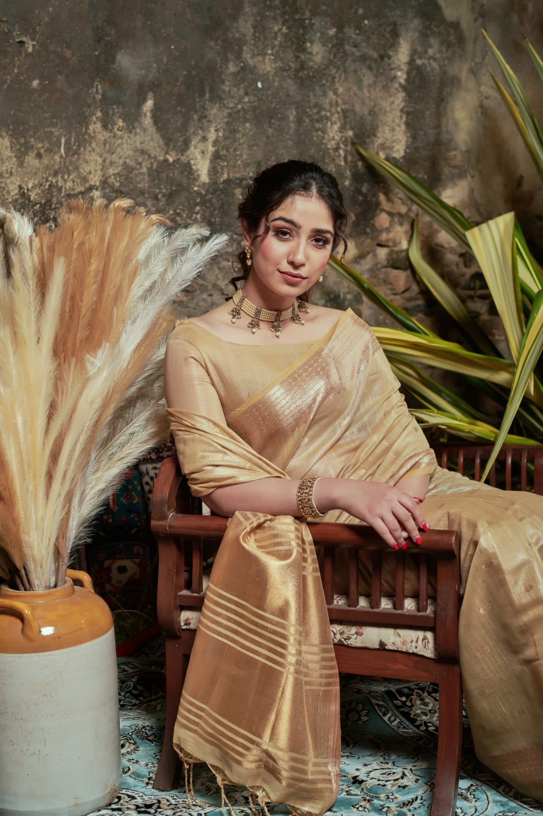 Maheshwari Tissue Silk Weaving Gold Colour Saree