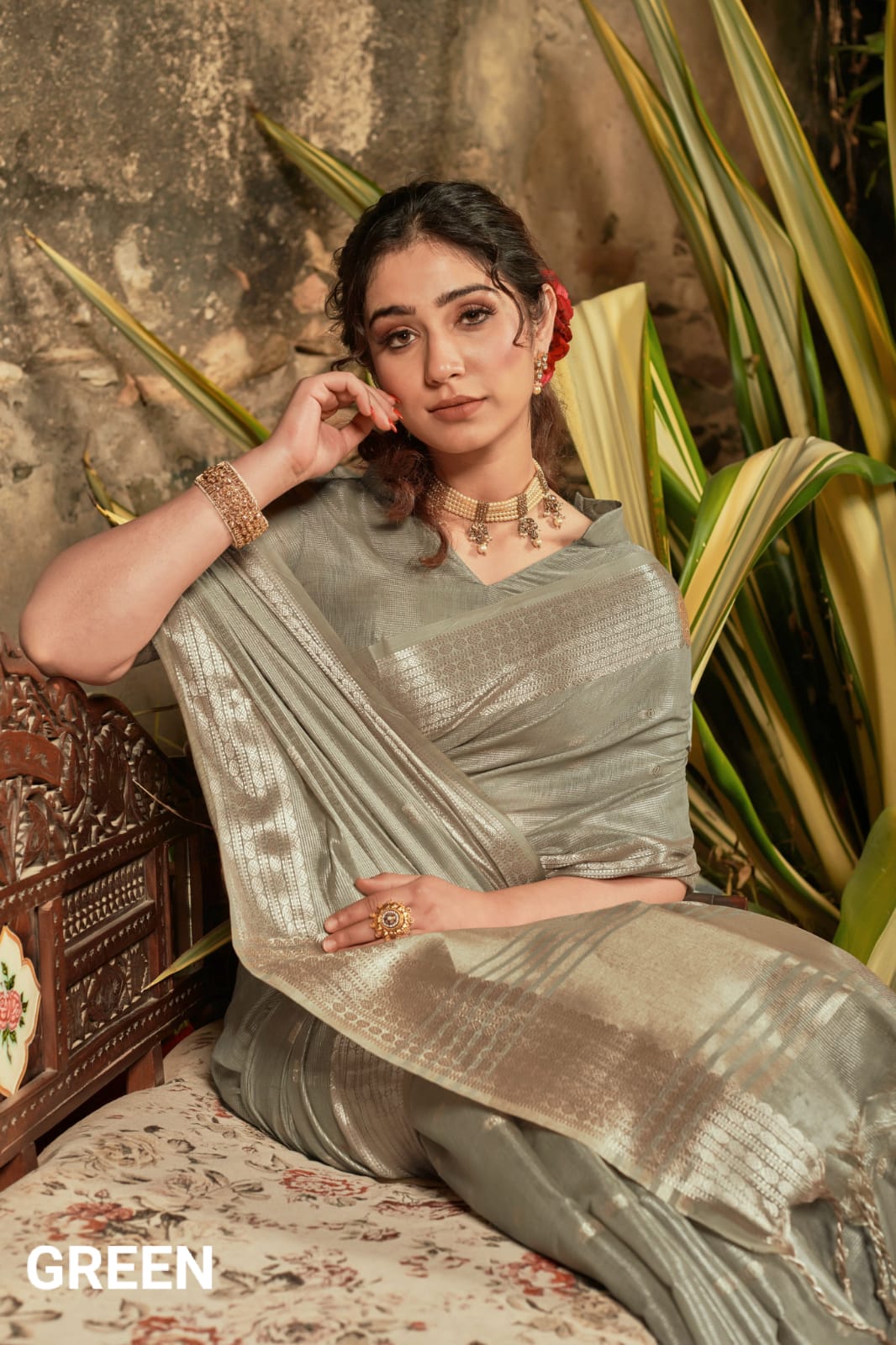 Maheshwari Tissue Silk Weaving Grey Colour Saree