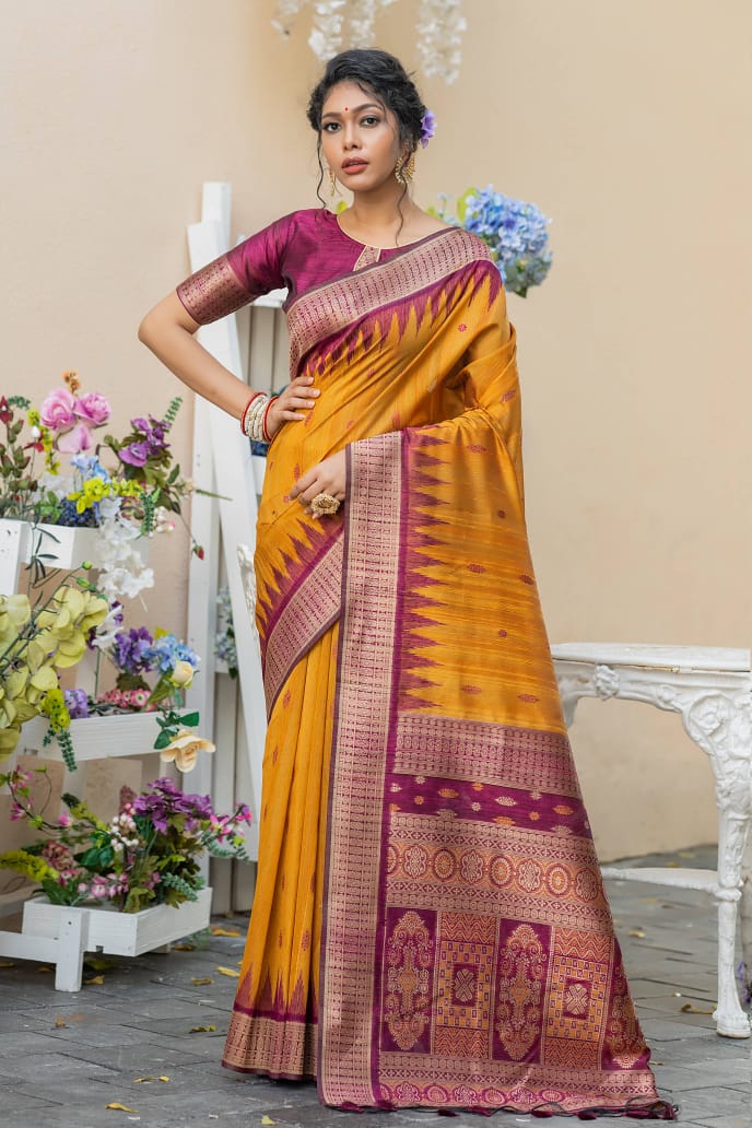 Semi Pure Tussur Silk weaving Saree With Temple Woven Border