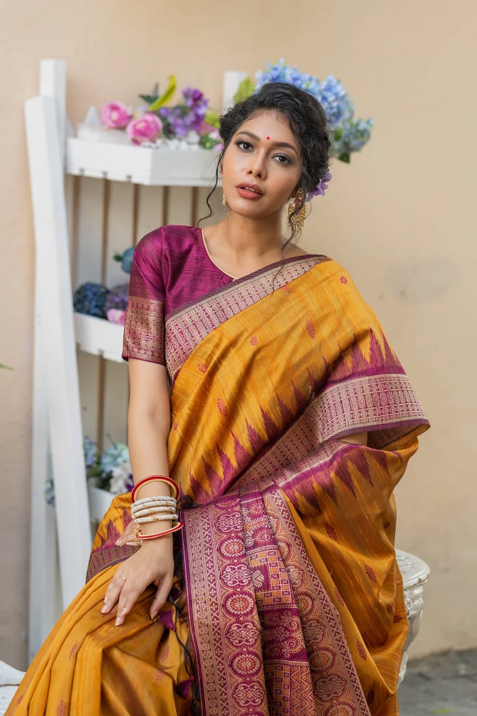 Semi Pure Tussur Silk weaving Saree With Temple Woven Border