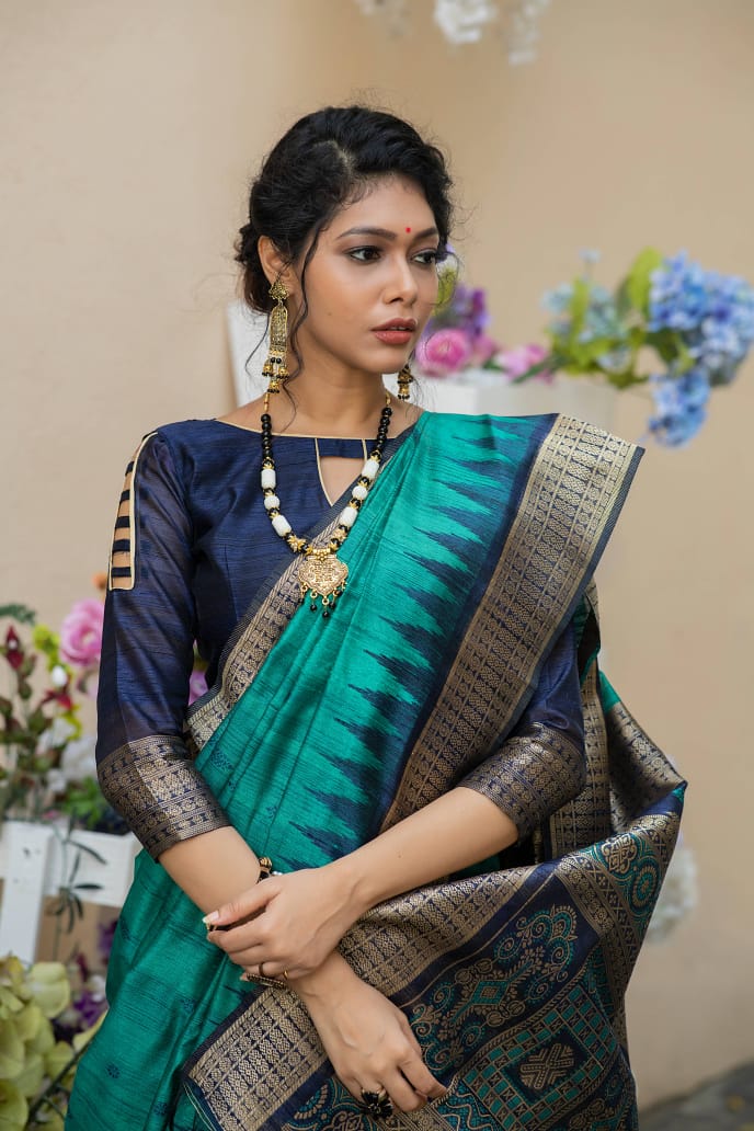 Semi Pure Tussur Silk weaving Saree With Temple Woven Border