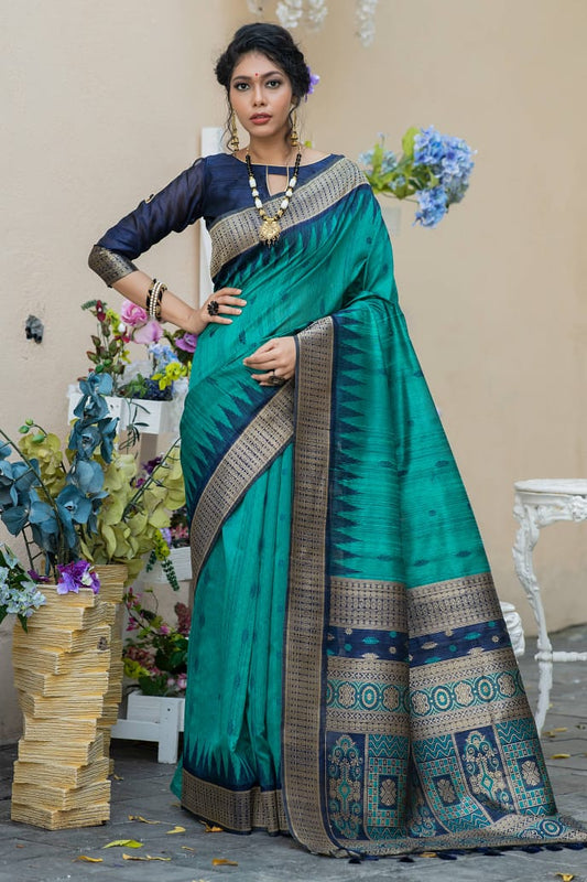 Semi Pure Tussur Silk weaving Saree With Temple Woven Border