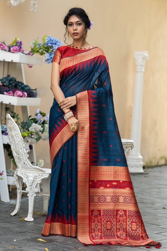 Semi Pure Tussur Silk weaving Saree With Temple Woven Border