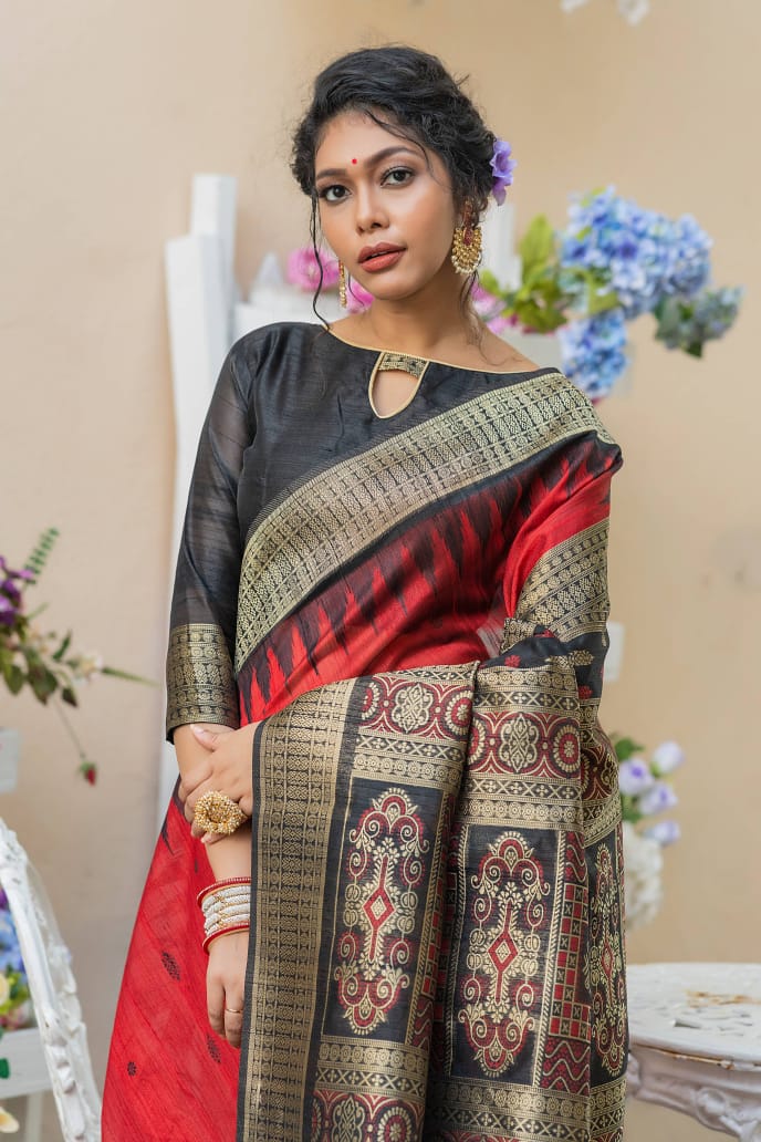 Semi Pure Tussur Silk weaving Saree With Temple Woven Border