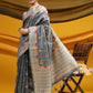 Grey Meena woven Border And Zari Woven Pallu With Fancy Tassels