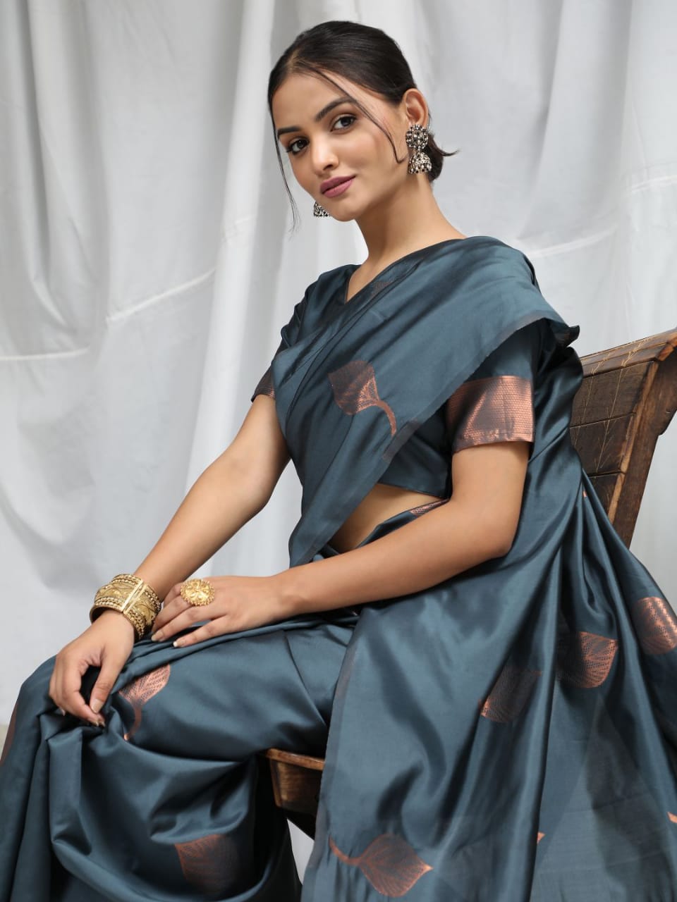 Grey Soft Silk Saree With Copper Zari Weaves Butties Saree