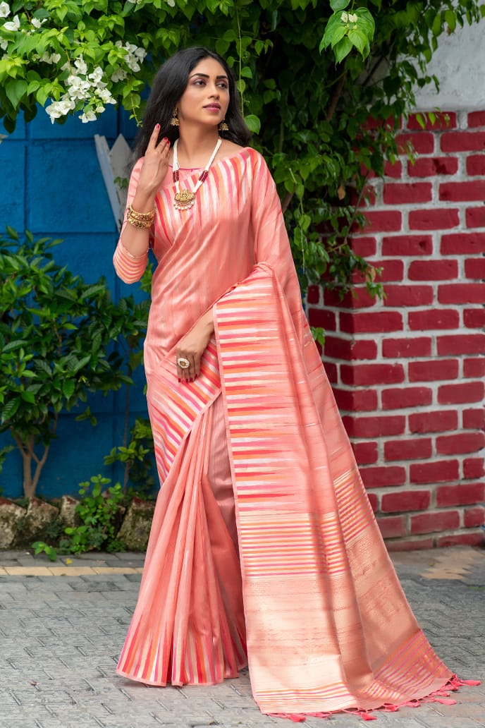 Pink Tussar Silk weaving saree with Ikkat woven Border