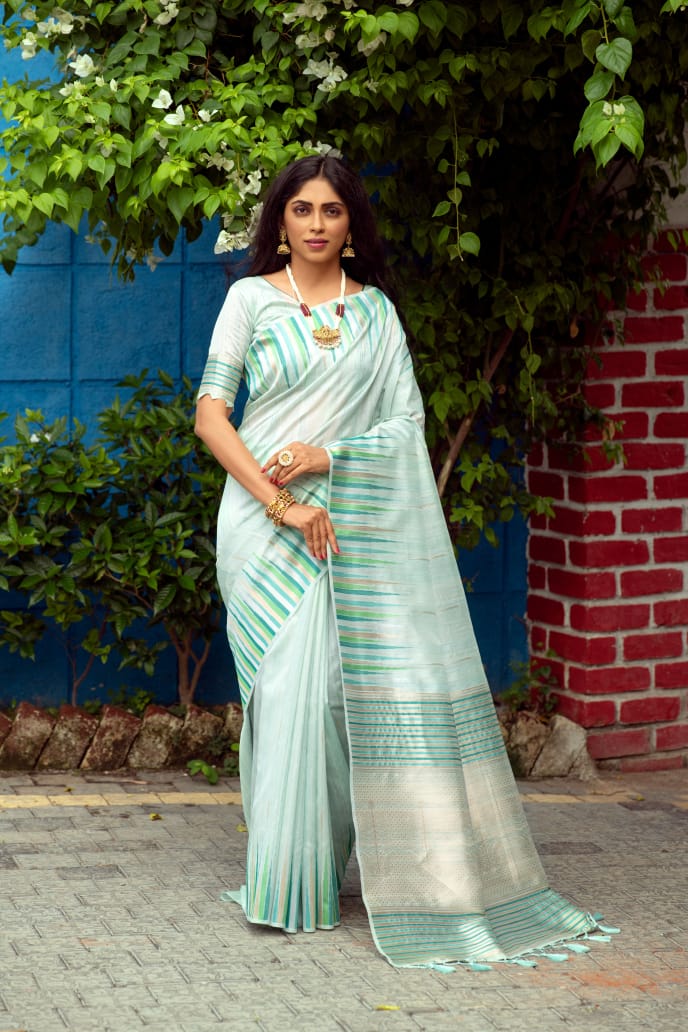 Sky Blue Tussar Silk weaving saree with Ikkat woven Border