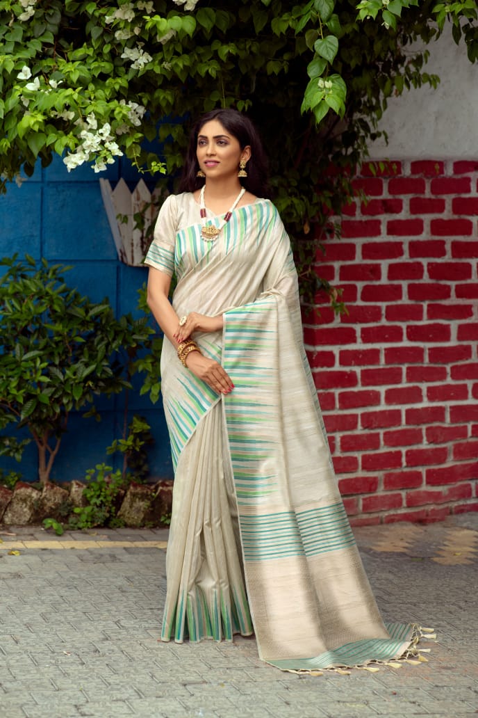 Light Grey Tussar Silk weaving saree with Ikkat woven Border