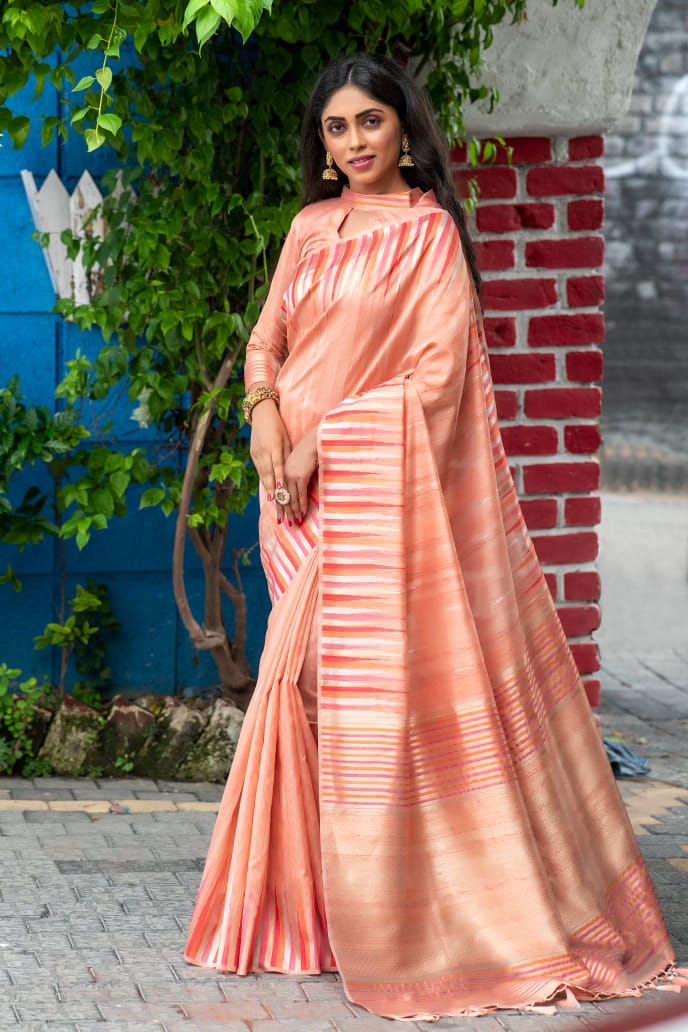 Peach Tussar Silk weaving saree with ikkat woven Border