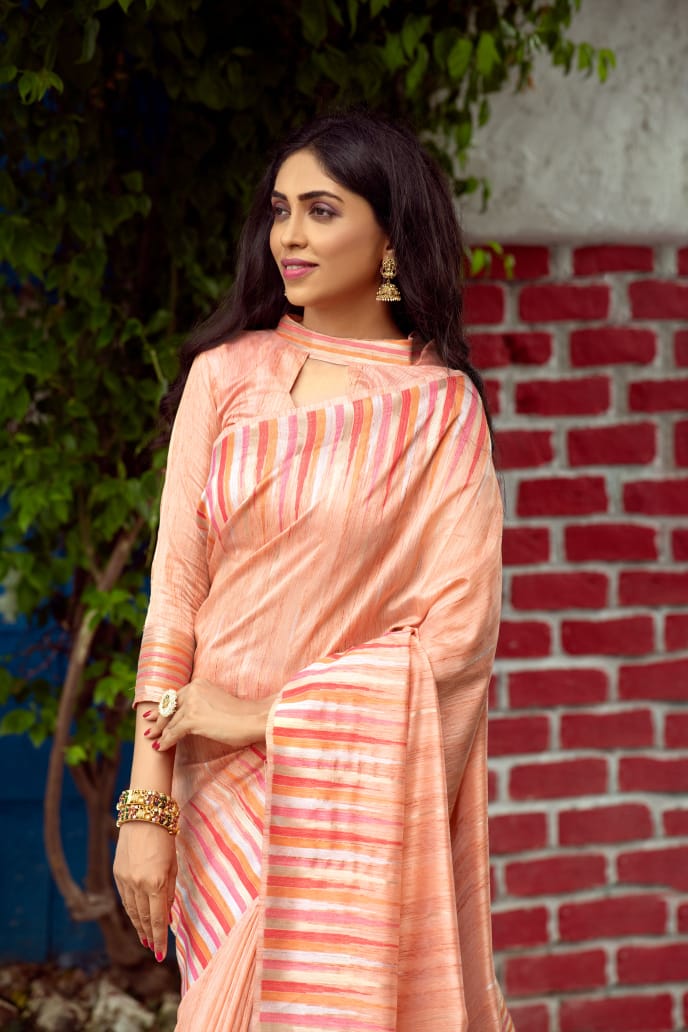 Peach Tussar Silk weaving saree with ikkat woven Border
