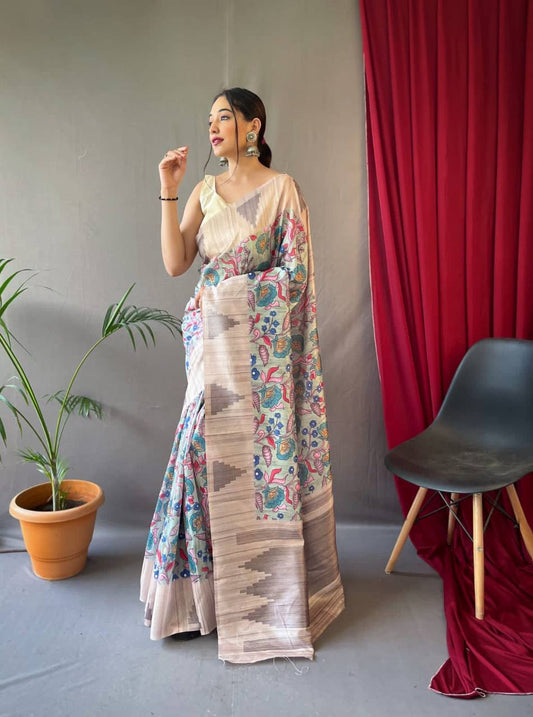 Grey Tusser Sarees With Kalamkari Prints All Over With Woven Temple Border