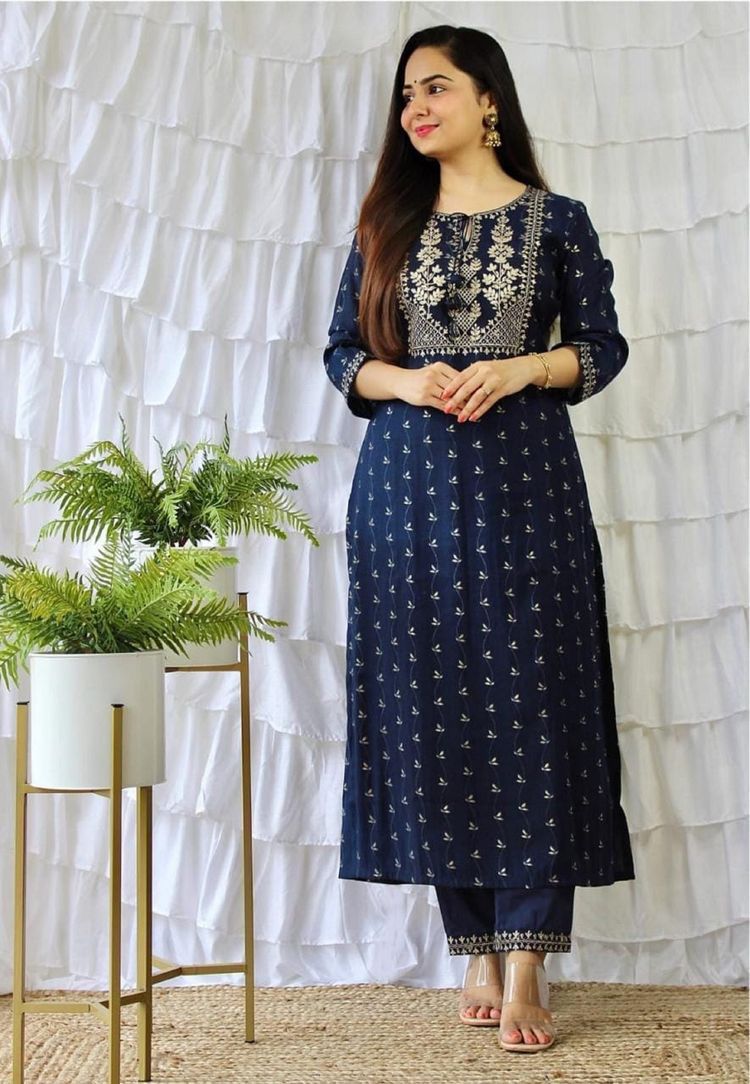 Heavy Blue Reyon Kurti Pent With Gold Print And Embriodry Work