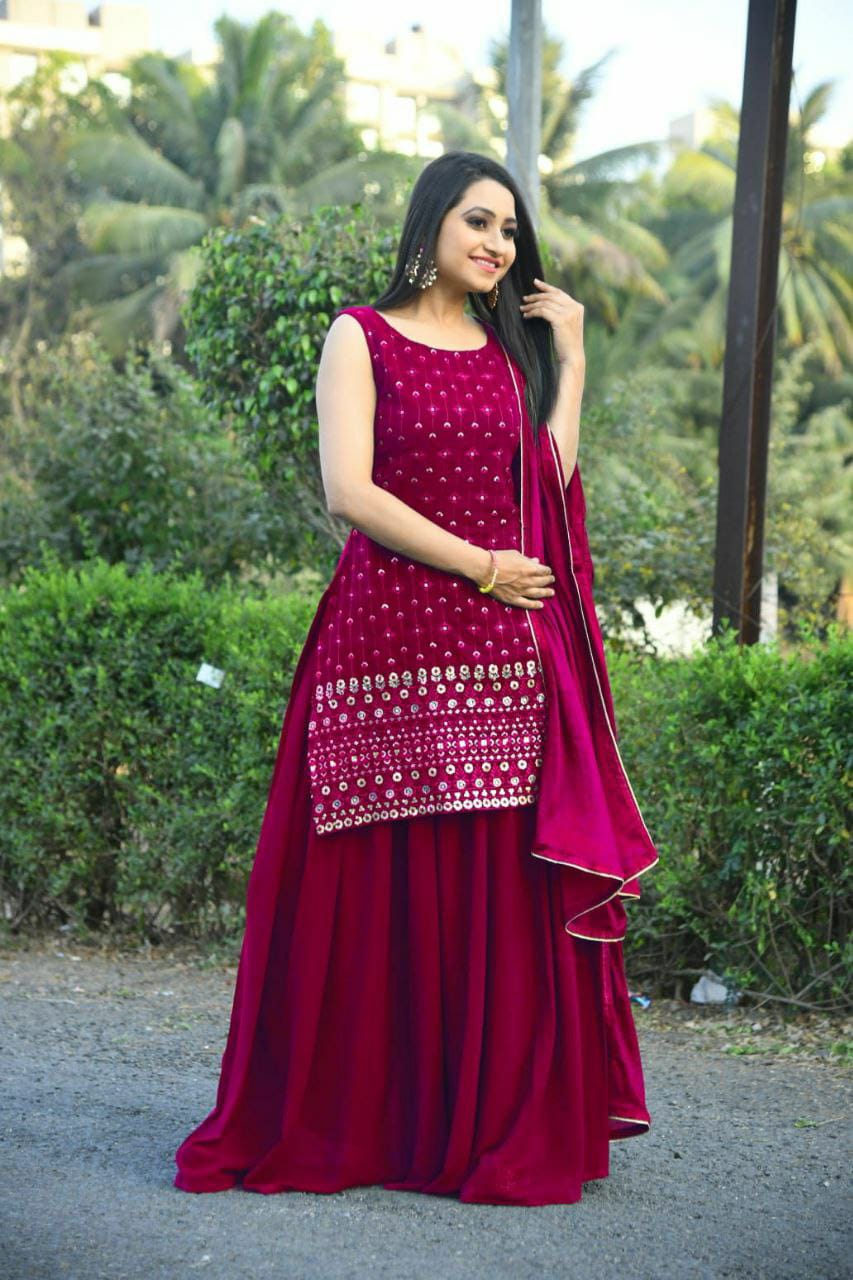 Beautiful Faux Georgette Red Top With Plazo and Dupatta
