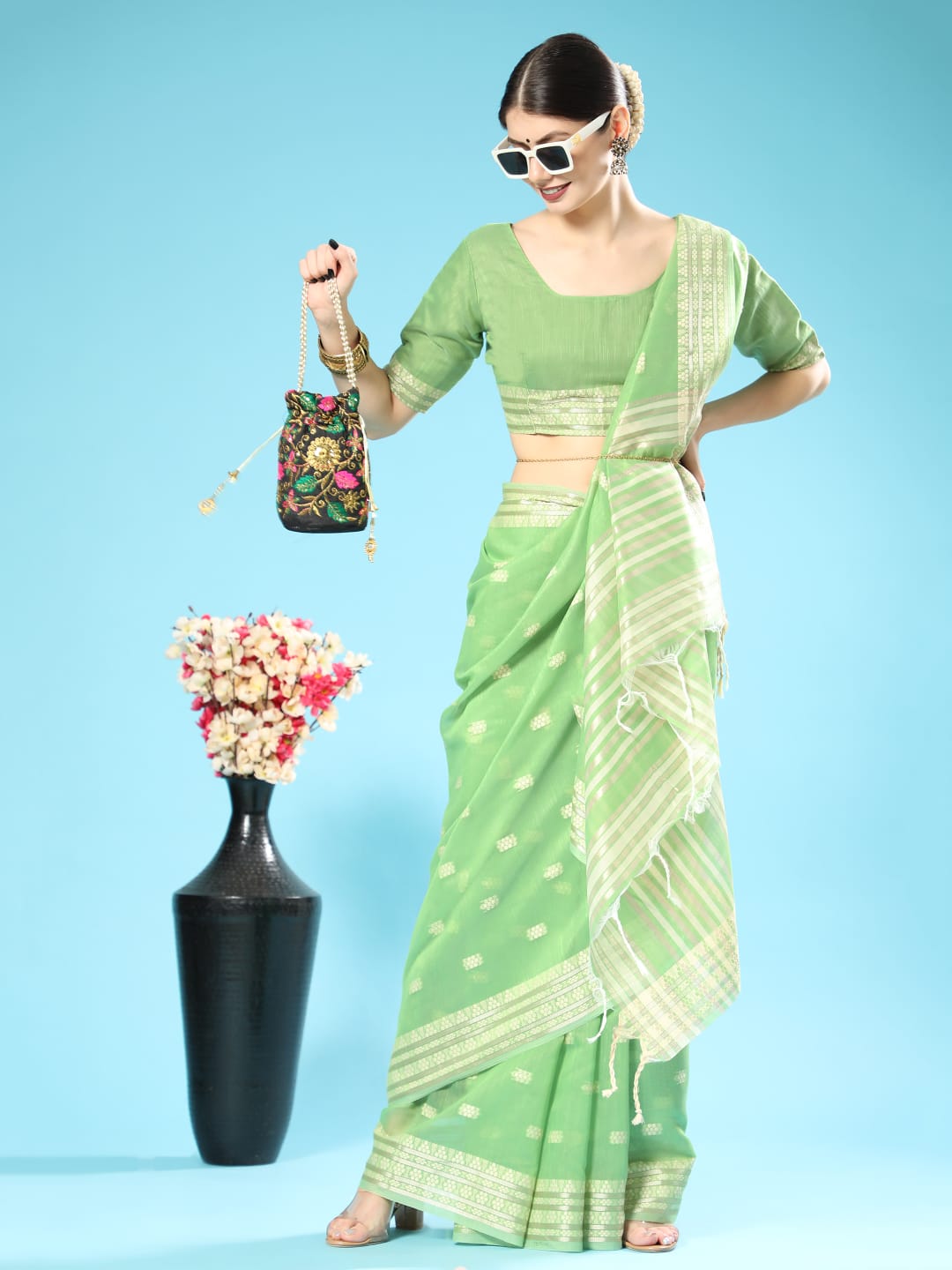 Green Chanderi Chikankari Weaving Saree With Classy Zari