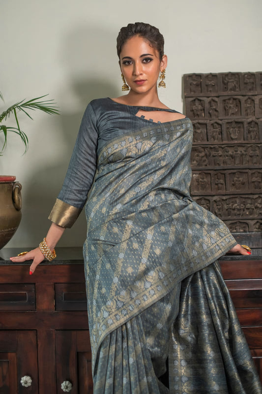 Grey Pure Tussar Silk Jamdani Weaving Saree With Zari Woven Border