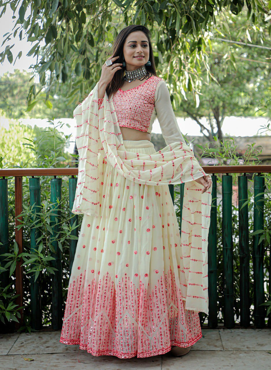 Cream Embroidered Faux Georgette Party Wear Lehenga Choli