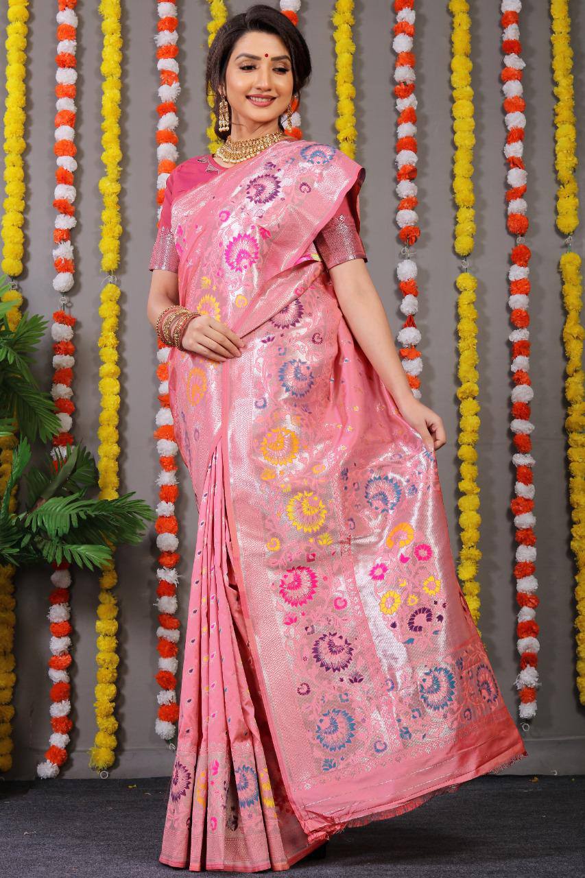 Beautiful Lavender Pink Saree With Silk With Weaving Silver Zari
