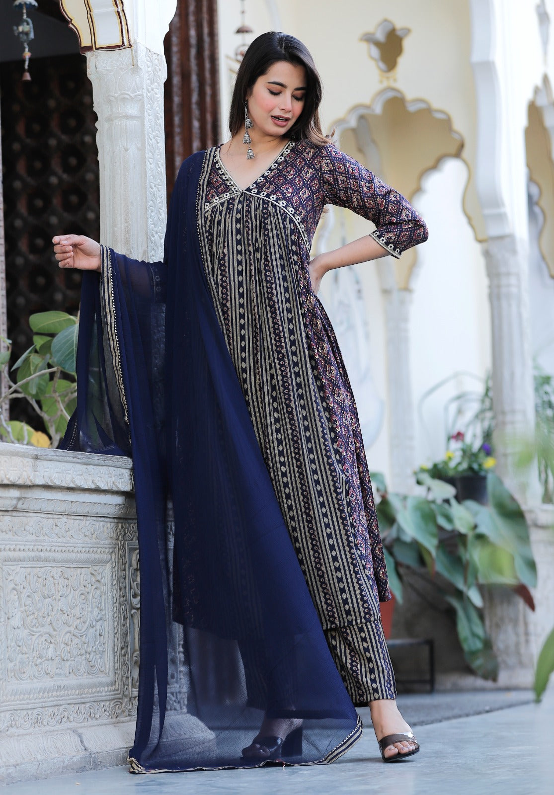 Blue Beautiful Foil Capsul Printed Aliacut Embroidery Kurti Set