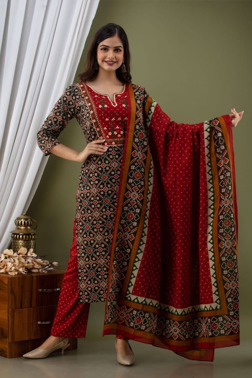 Pure Red Cotton Kurti Pent Dupatta Set
