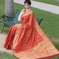 Red Bandhej Silk Saree With Weaving Gold Zari Border