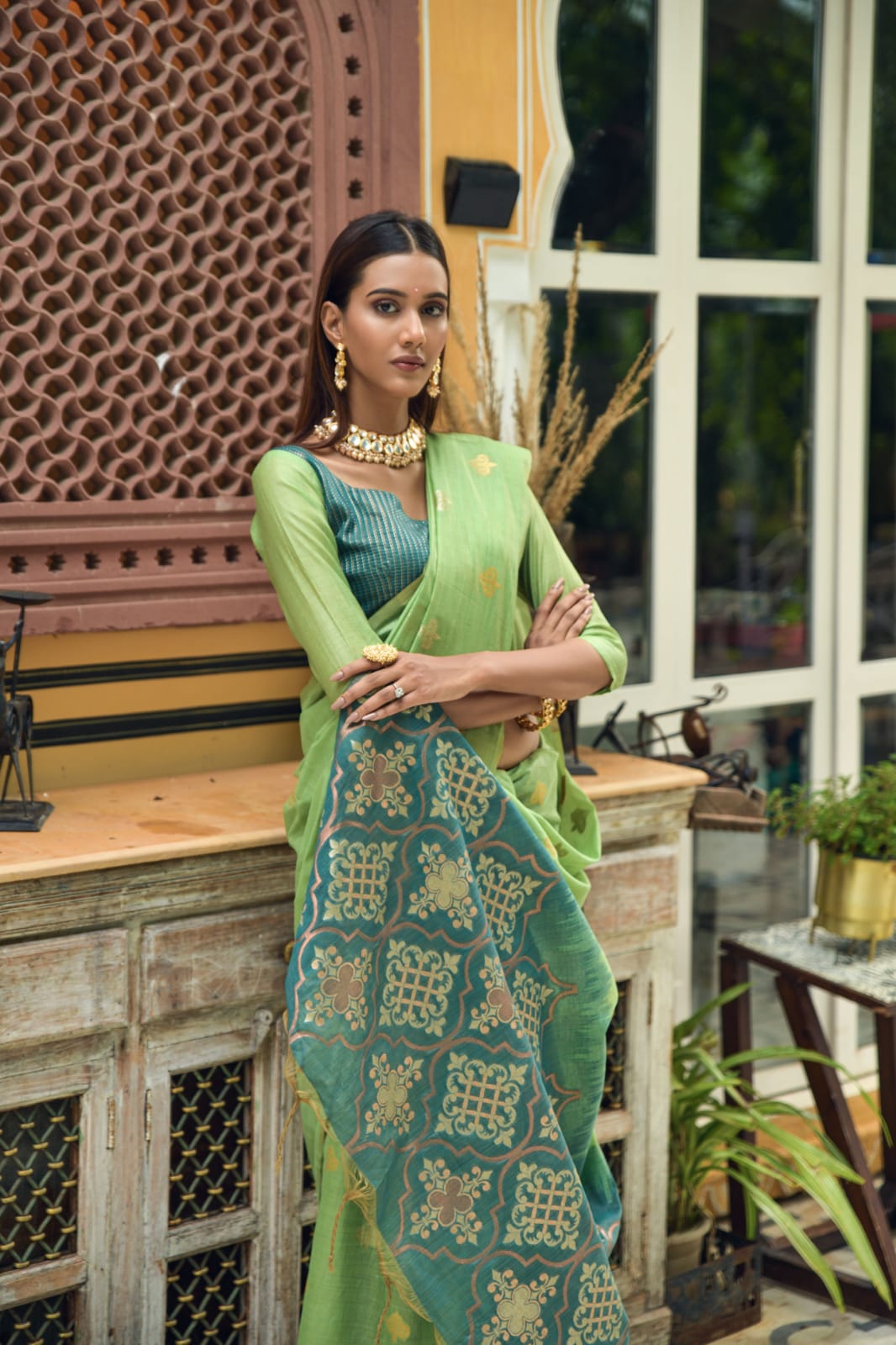 Green Chanderi Silk Saree With Silver And Copper Zari Weaves