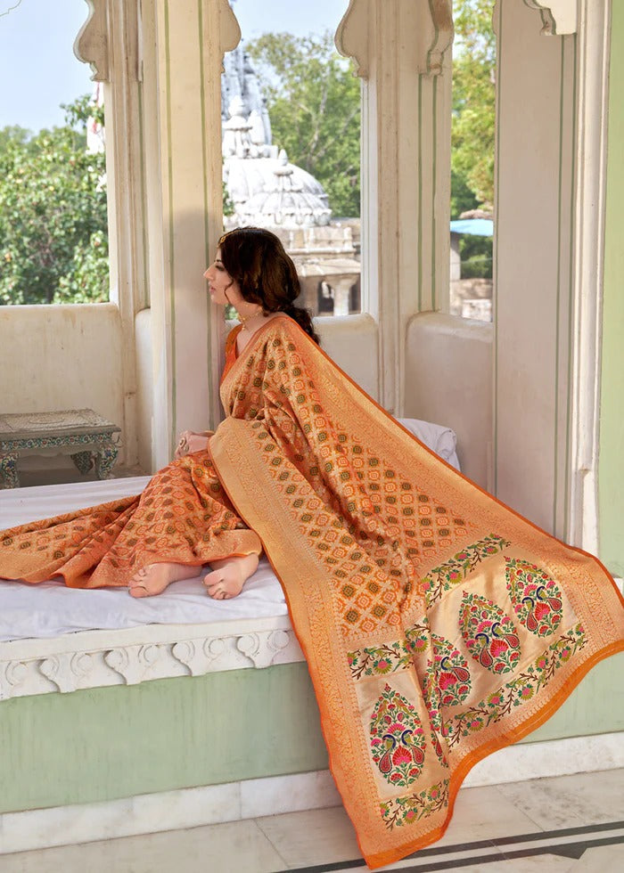 Orange Soft Silk Bandhani Saree With Pure Jari Work