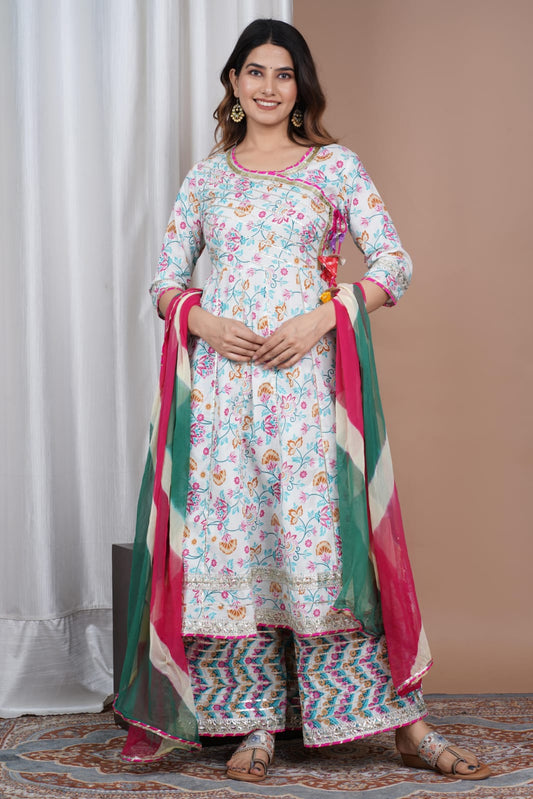 Pure Cotton Anarkali Kurti With Plazzo And Chiffon Dupatta