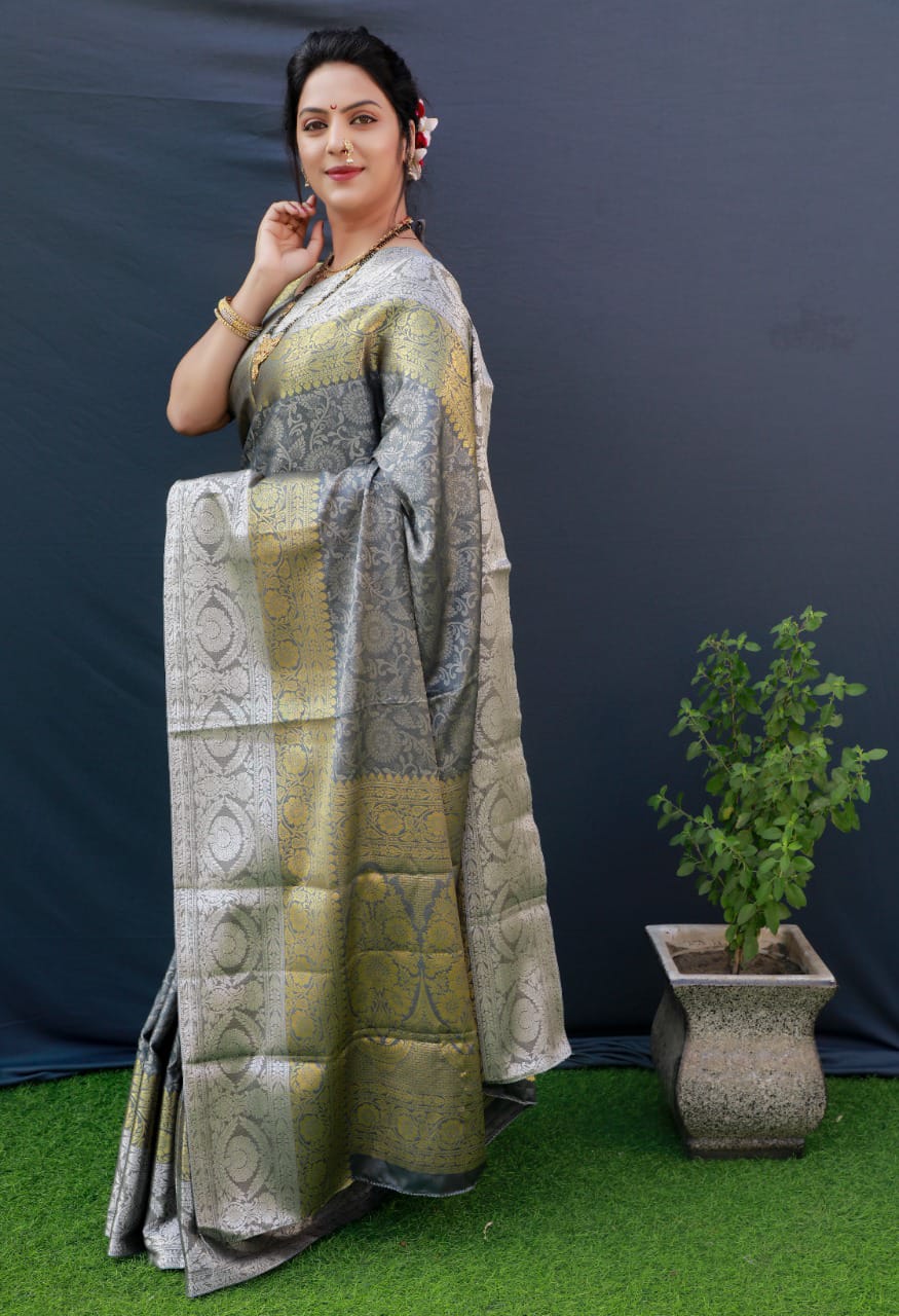 Grey Beautiful Kanchipuram Pure silk handloom saree with Pure Zari