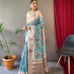 Sky Blue Tusser Sarees With Kalamkari Prints All Over With Woven Temple Border