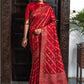 Red Pure Tussar Silk Jamdani Weaving Saree With Zari Woven Border