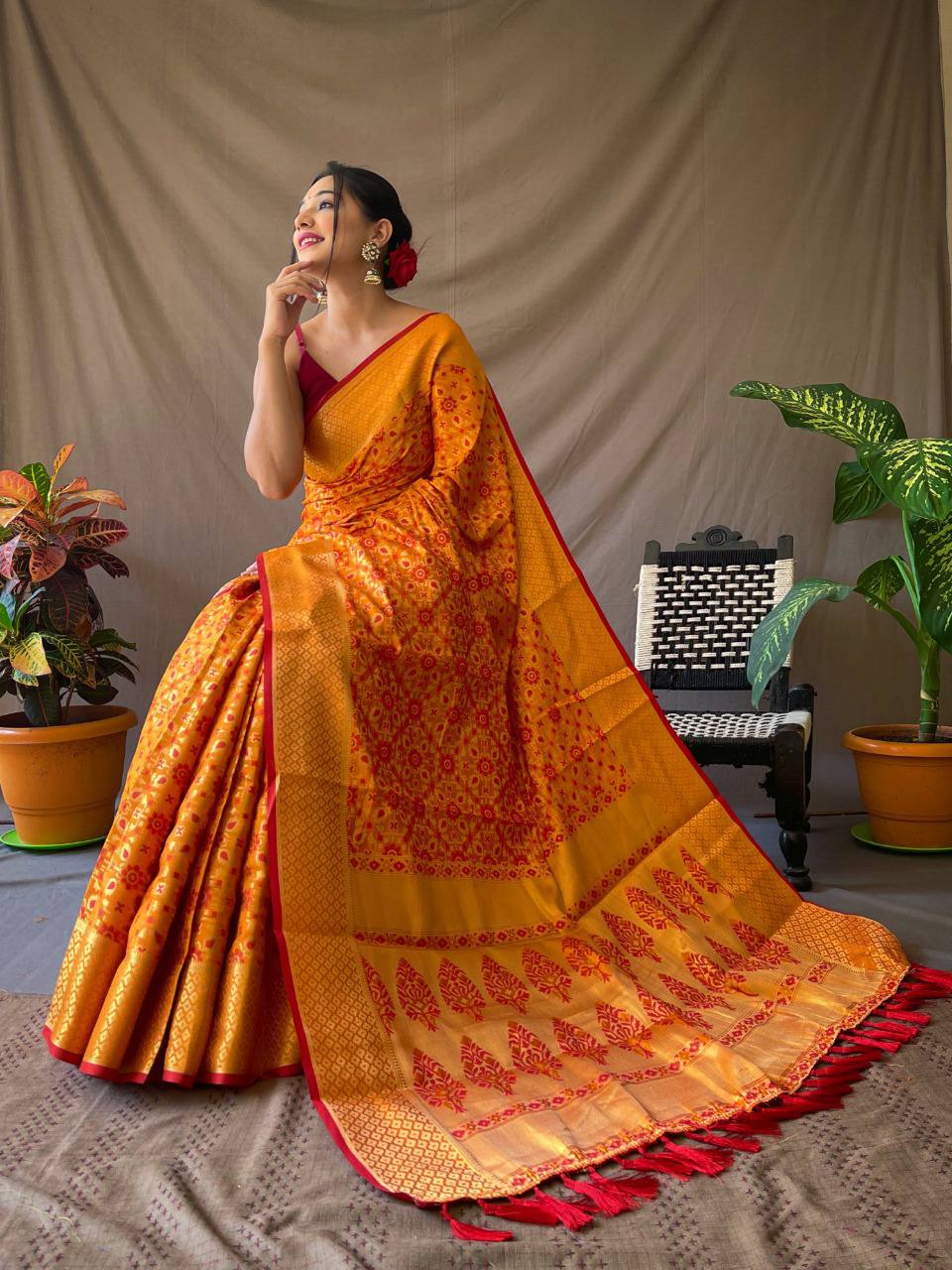 Yellow Pure Patola Silk Saree With Contrast Meenakari