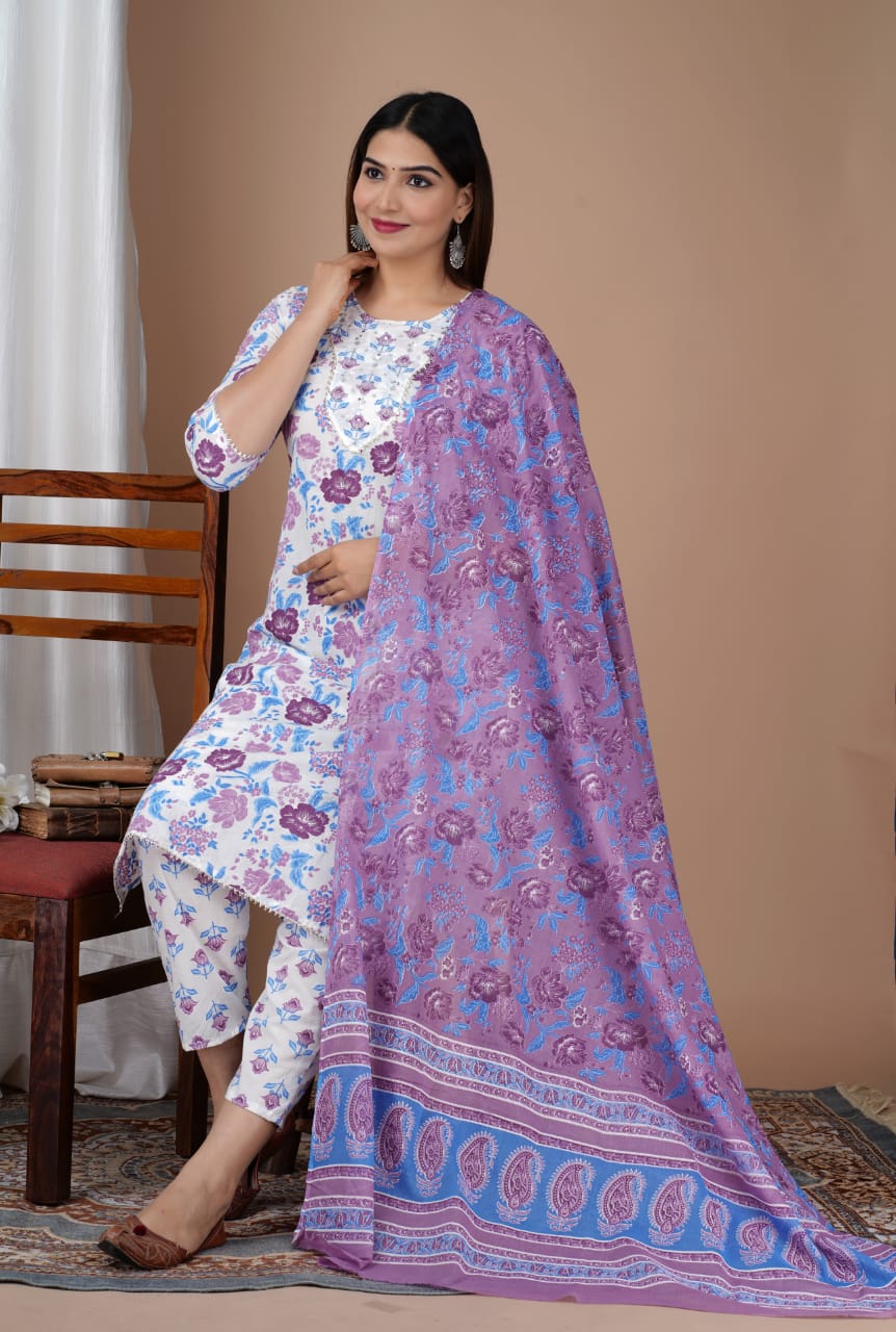 Pure Cotton Straight Kurti With Pant And Dupatta
