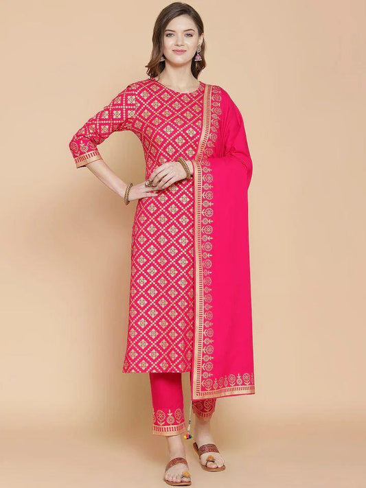 Pink Beautiful Heavy Printed Kurti Pent Dupatta Set