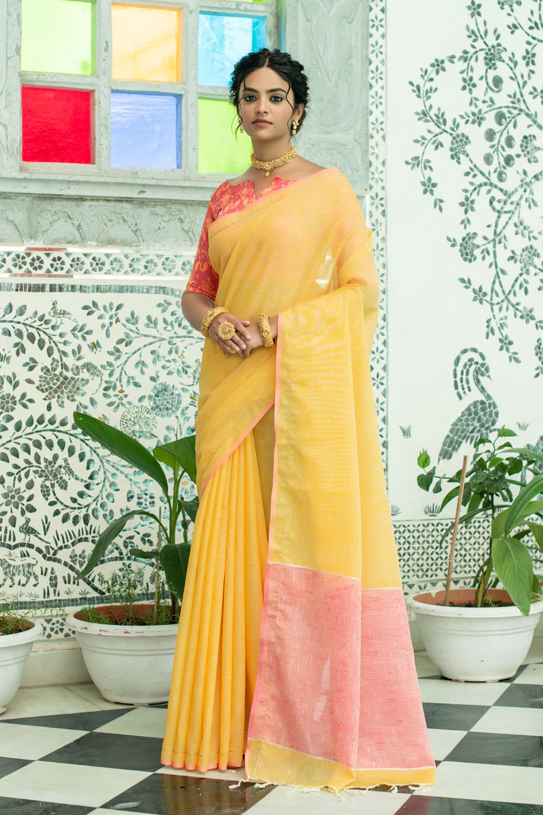 Yellow Pure Linen Saree Katha Weaving