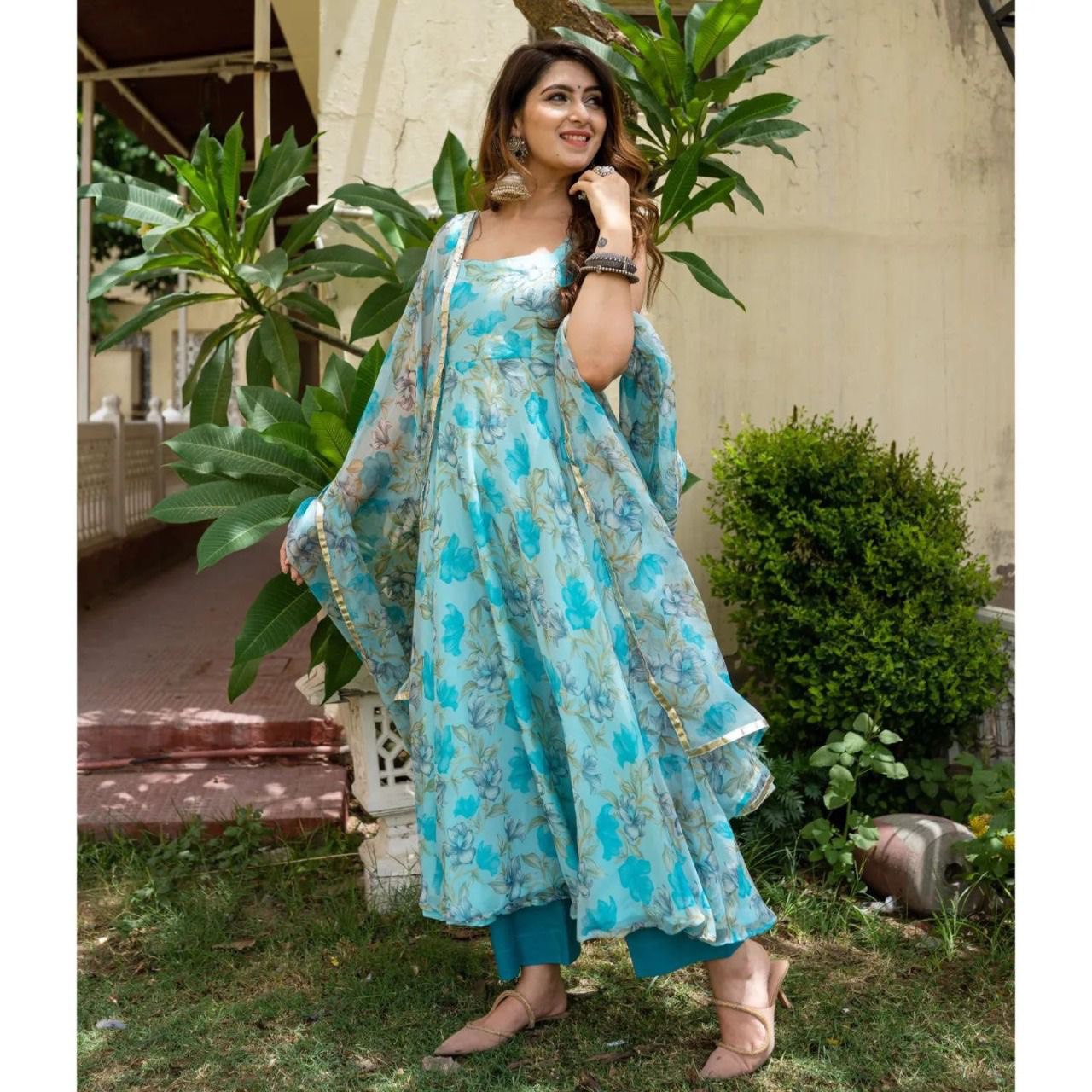 Beautiful Floral Print  Anarkali Suit Set And Pants Pair With Duppta
