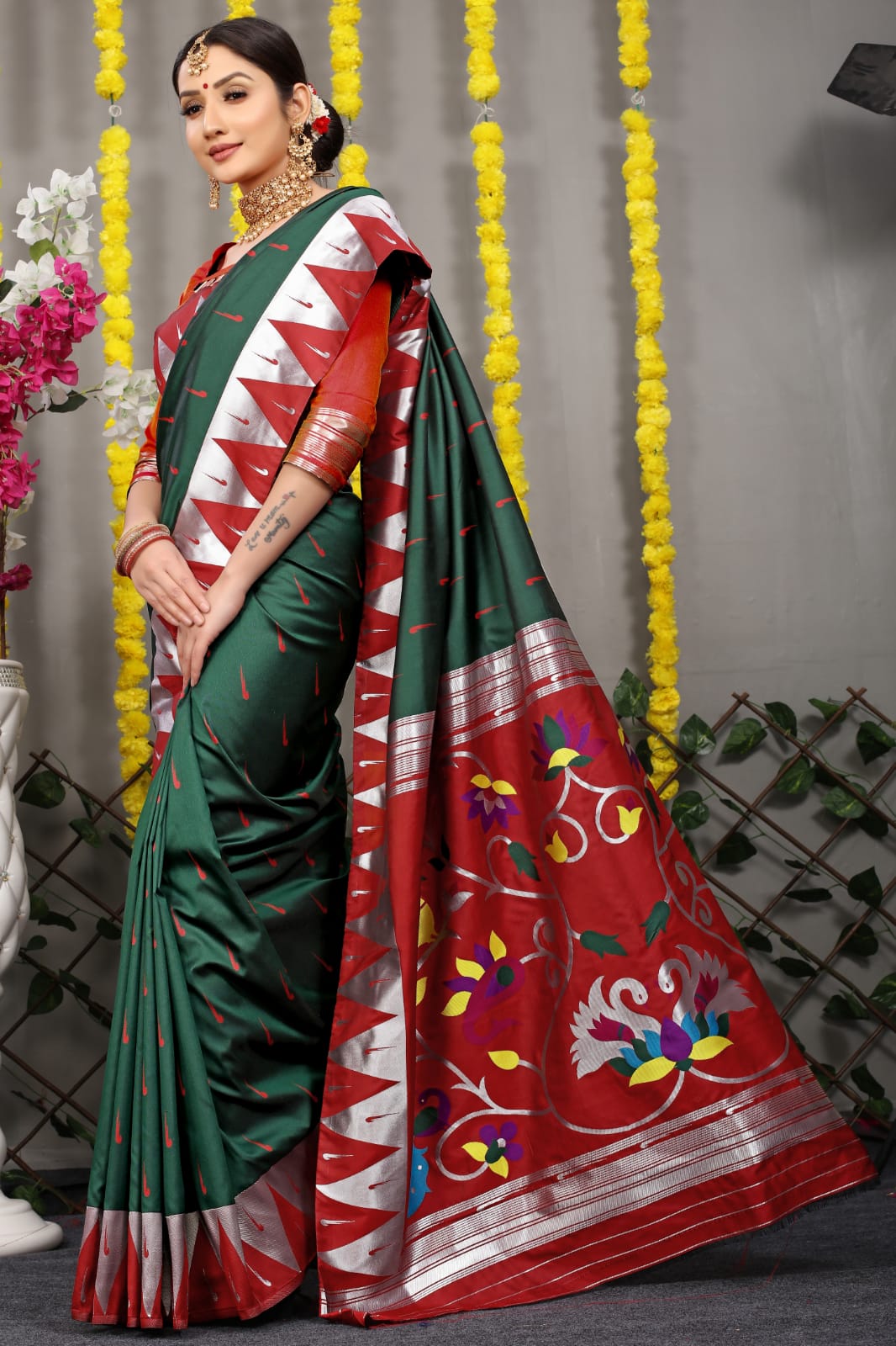 Soft Dark Green Silk Paithani Saree With Rich Pallu And Meenakari work