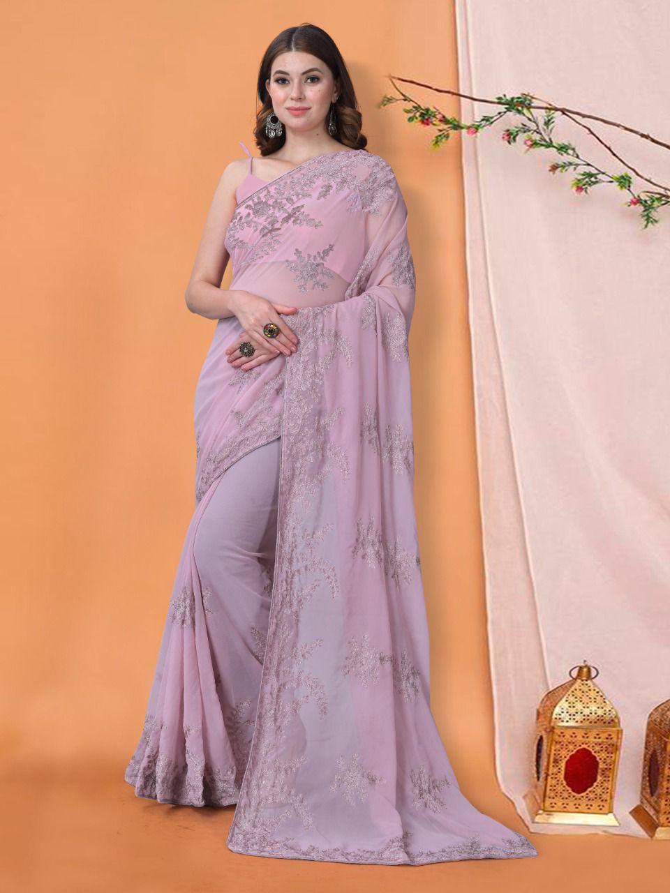 Pink Georgette Embroidered Work Saree With Piping Border