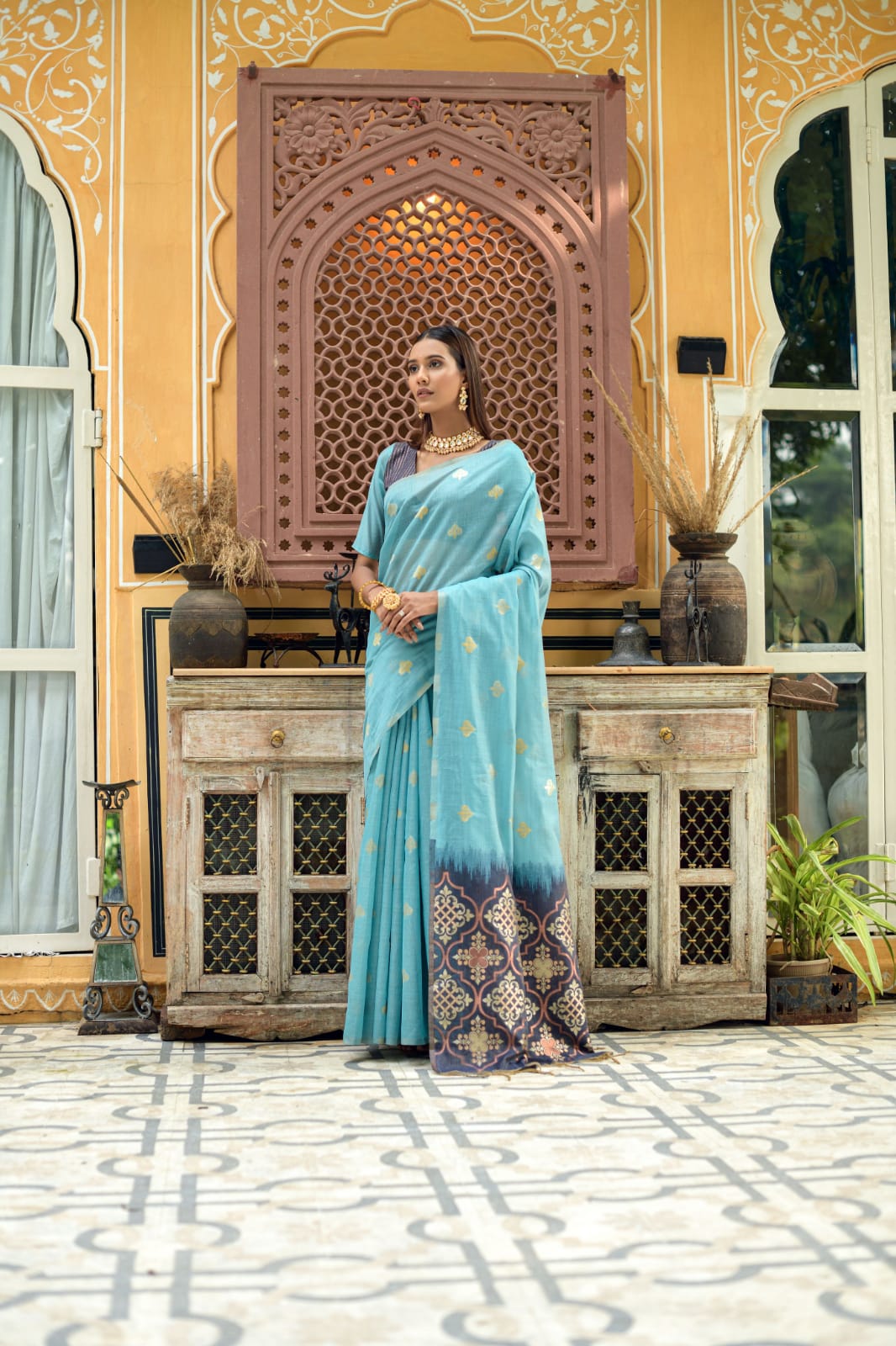 Blue Chanderi Silk Saree With Silver And Copper Zari Weaves