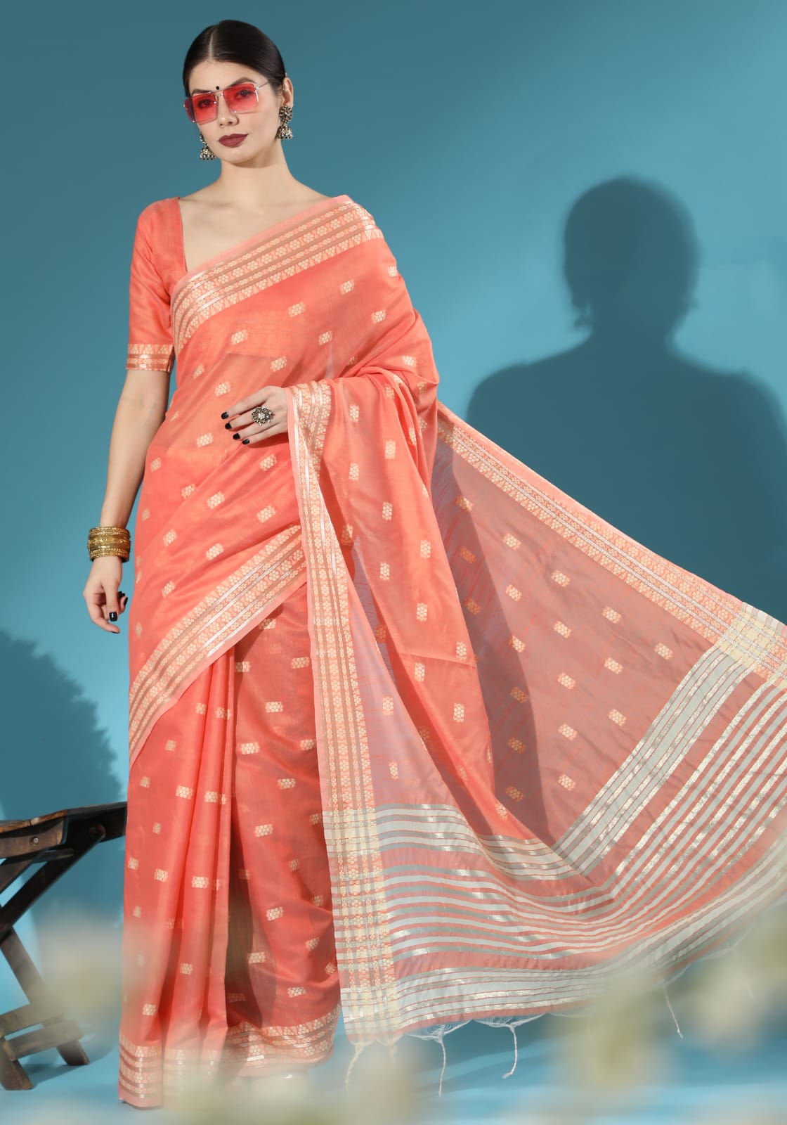 Peach Chanderi Chikankari Weaving Saree With Classy Zari