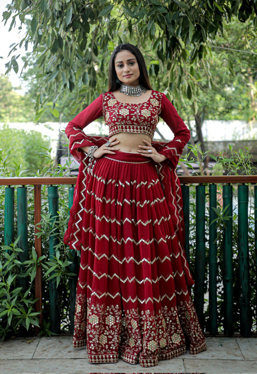 Maroon Embroidered Faux Georgette Party Wear Lehenga Choli