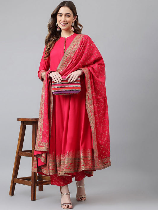 Red Foil Print Anrkali Gown Pent Dupatta Set